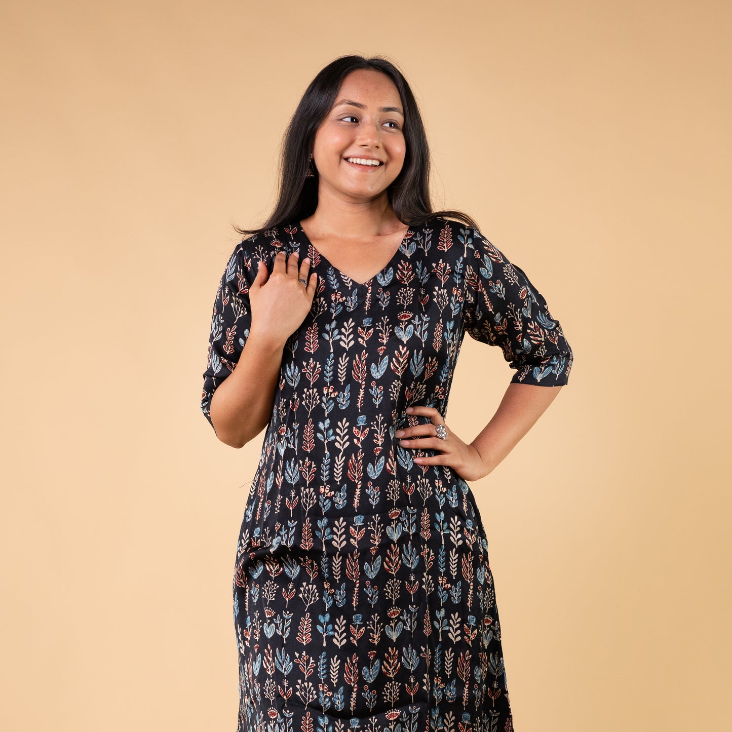 Ajrakh Black Modal Silk Hand Block Printed Dress