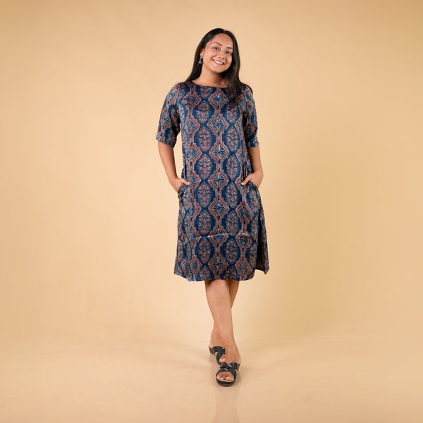 Ajrakh Blue Modal Silk Hand Block Printed Dress