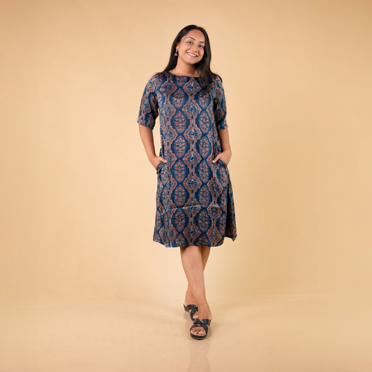 Ajrakh Blue Modal Silk Hand Block Printed Dress