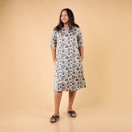 Ajrakh Cream Modal Silk Hand Block Printed Dress