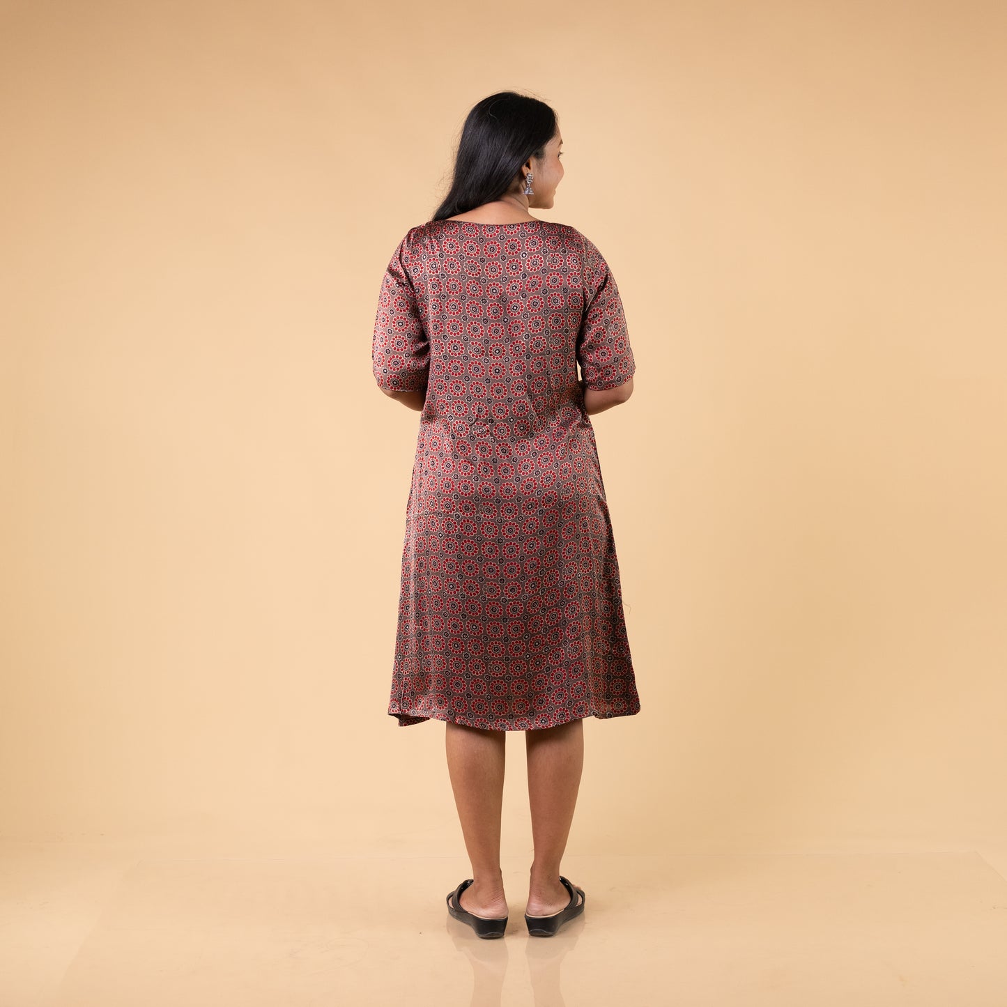 Ajrakh Brown Modal Silk Hand Block Printed Dress