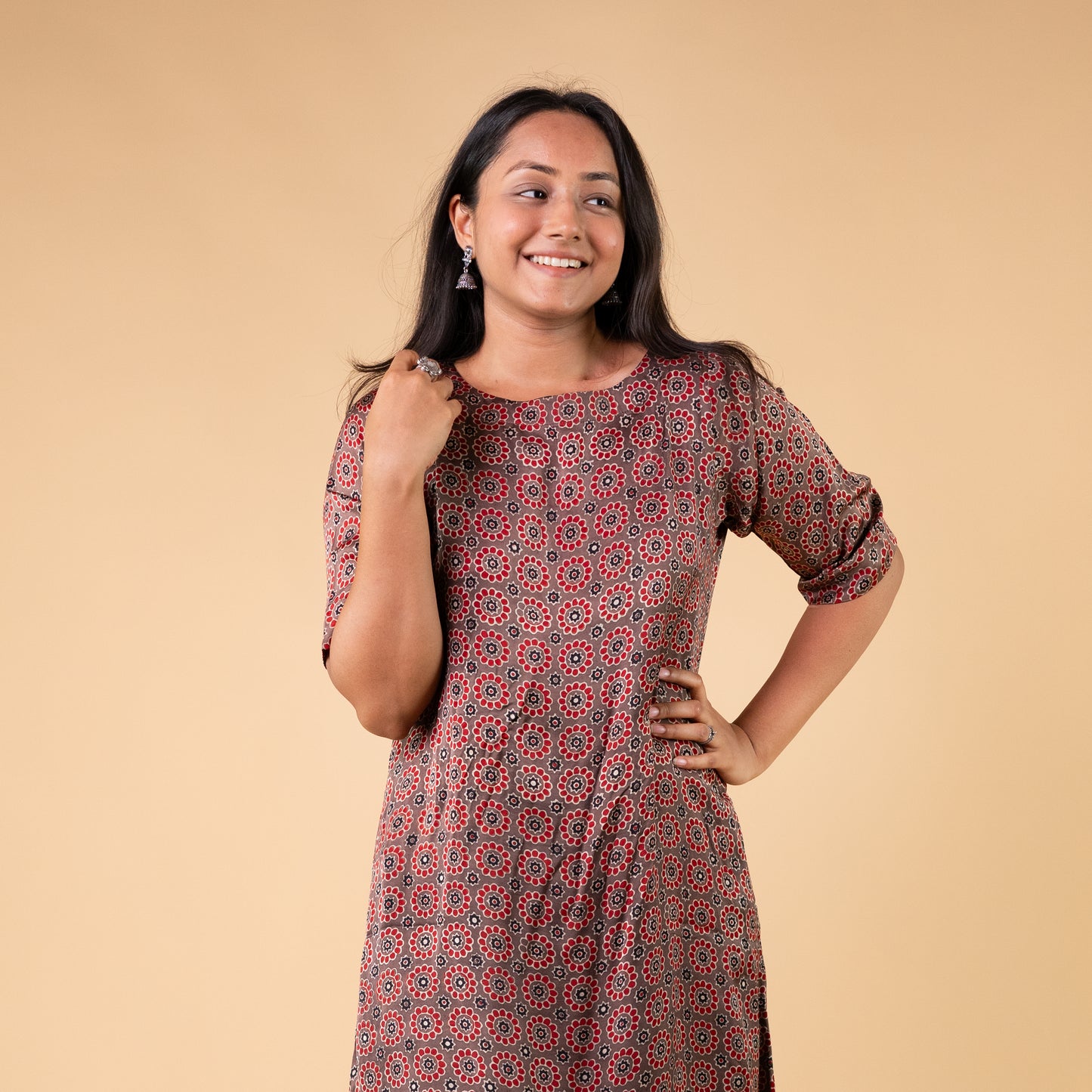 Ajrakh Brown Modal Silk Hand Block Printed Dress