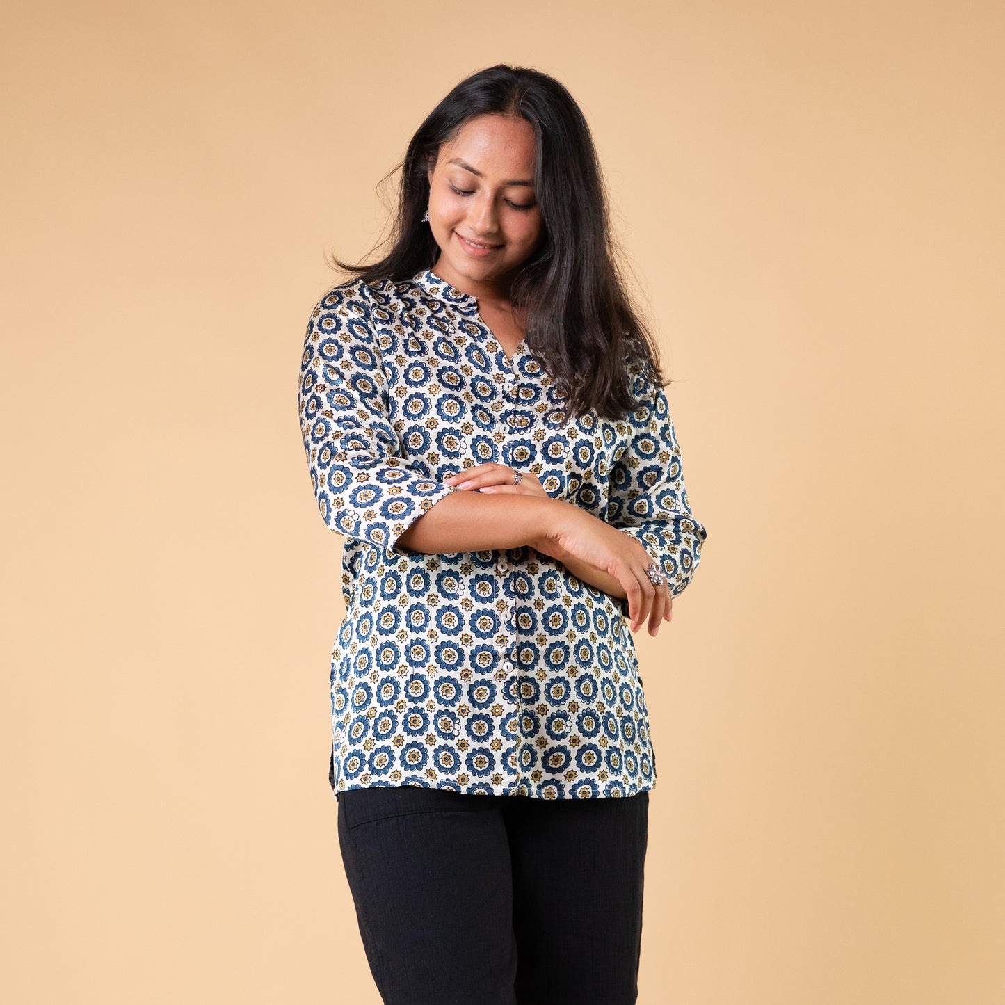 Ajrakh Cream Floral Modal Silk Shirt