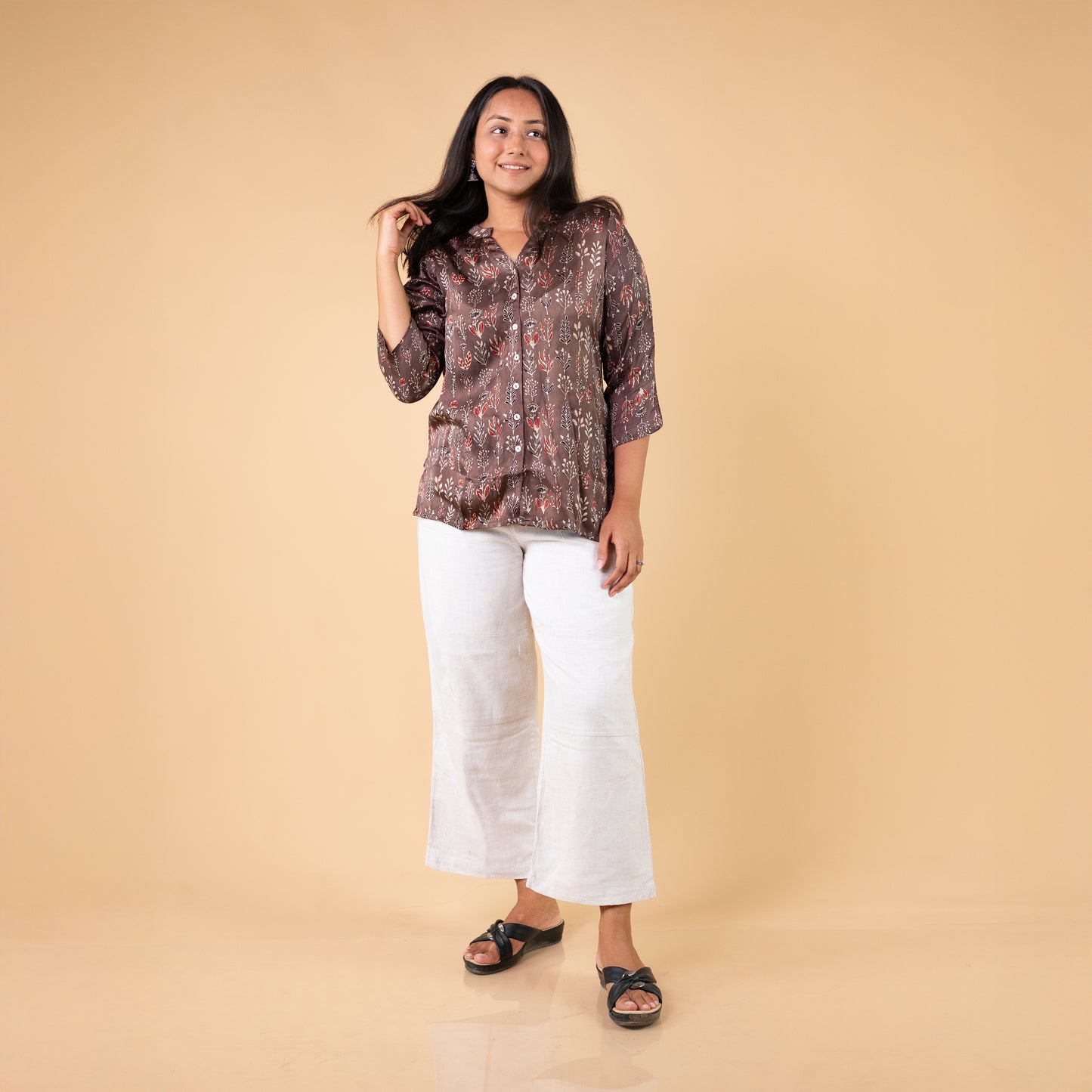 Ajrakh Brown Floral Modal Silk Shirt