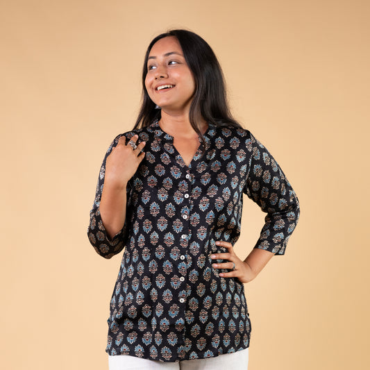 Ajrakh Black Floral Modal Silk Shirt